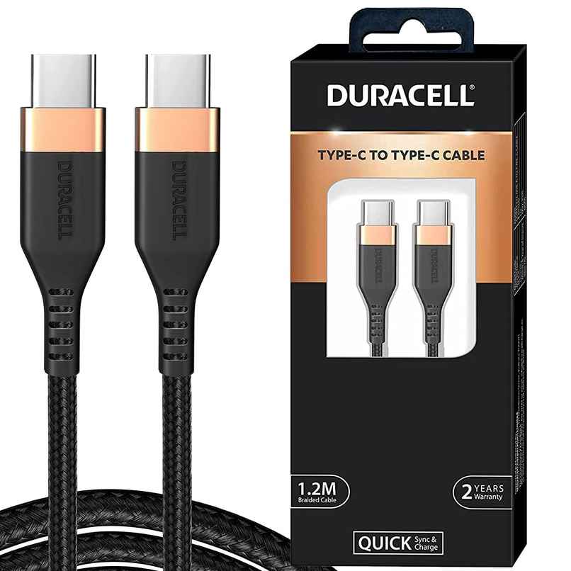 Duracell USB Type C To Type C USB Cable 4A(60W) Braided Sync& Charging Cable,Compatible With Mobile,Laptop,Tablets&Macbook,3.9 Feet(1.2M) Supports Power Delivery(Pd) With Rapid Data Transmission - Black