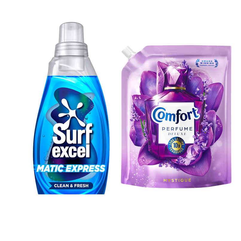 Surf Excel Matic Express Clean & Fresh (830ml) & Comfort Perfume Deluxe Mystique (1.8L) Combo Surf Excel Matic Express Clean & Fresh (830ml) & Comfort Perfume Deluxe Mystique (1.8L) Combo