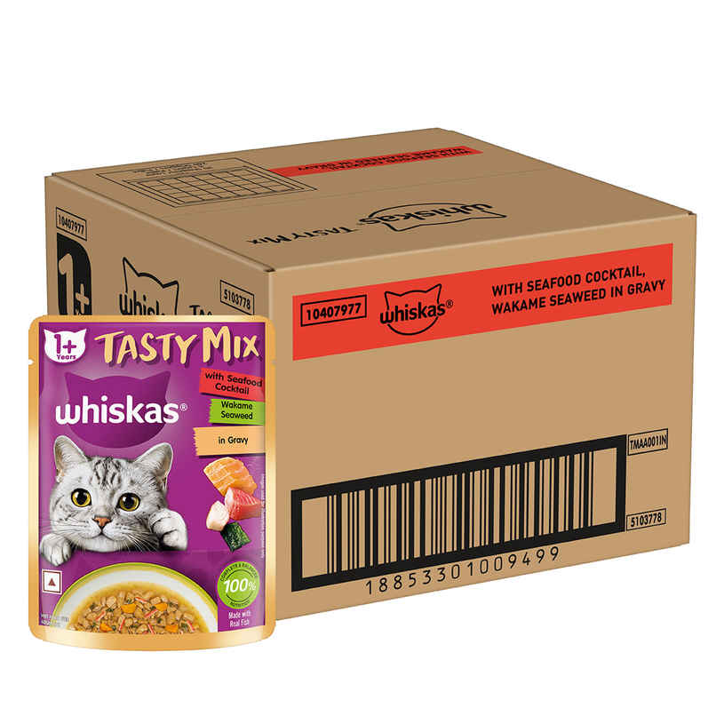 Whiskas Tasty Mix Adult Wet Cat Food, Seafood Cocktail Wakame Seaweed in Gravy