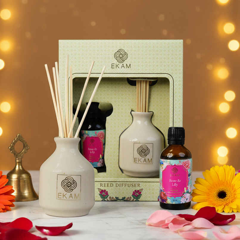 EKAM Reed Diffuser Gift Set| Festive Collection| 435 g | Rose & Lily | Luxury Home Fragrance
