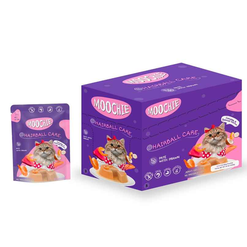 Moochie Cat Wet Food Hairball Care -Pate With Prawn In Gravy | Grain/Gluten Free & No Preservative