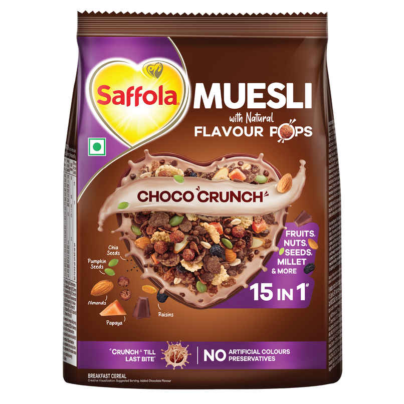 Saffola Muesli Choco Crunch With Flavour Pops 15 In 1 Fruit And Nuts