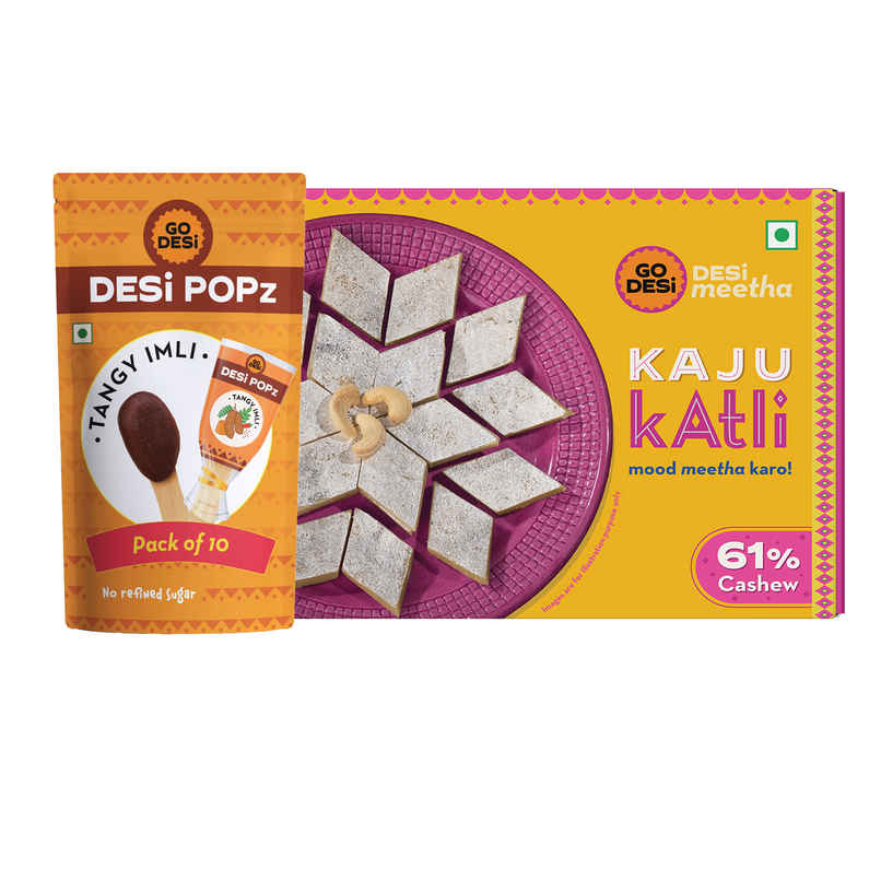Premium Kaju Katli, 61% Cashew | Burfi | Kaju Katri | Sweets By Go Desi (180g) & Tangy Imli (Tamarind) 10 Pcs Sour Candy | No Refined Sugar | Lollipop By Go Desi (10pc) Combo