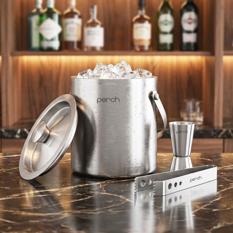 Perch Ice Bucket | Double Wall Steel with Lid Tongs Jigger | 1.5 L | Silver Perch Ice Bucket | Double Wall Steel with Lid Tongs Jigger | 1.5 L | Silver