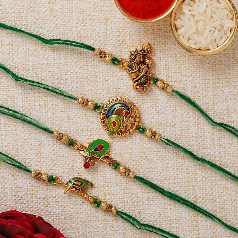 Religious Radha Krishna Playing Flute, Peacock, Peacock Feather Designer Rakhis with Roli Chawal | Set of 4 Rakhi | Ecraftindia