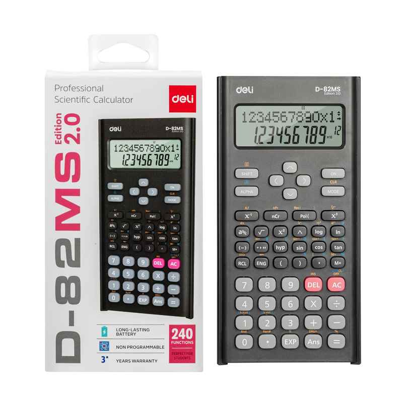 Deli D82-MS 2.0 Scientific Calculator | 12 Digits, 240 Functions & 2 Line LED Display (Black)
