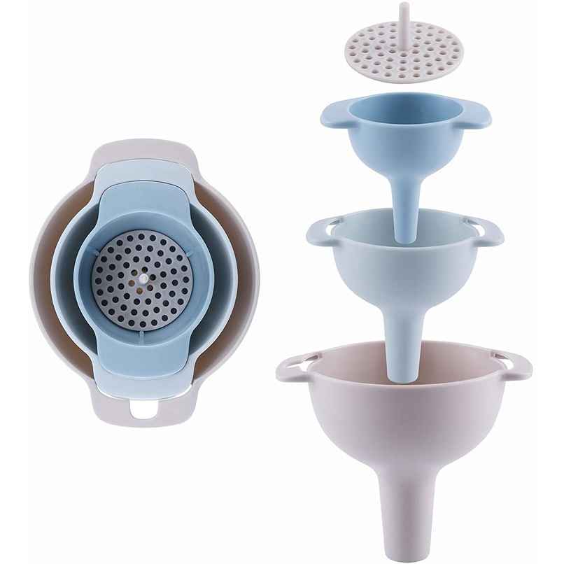 Ambition 3 Piece Kitchen Funnel With Detachable Strainer | Pack of 3pcs + Detachable Filter - Assorted