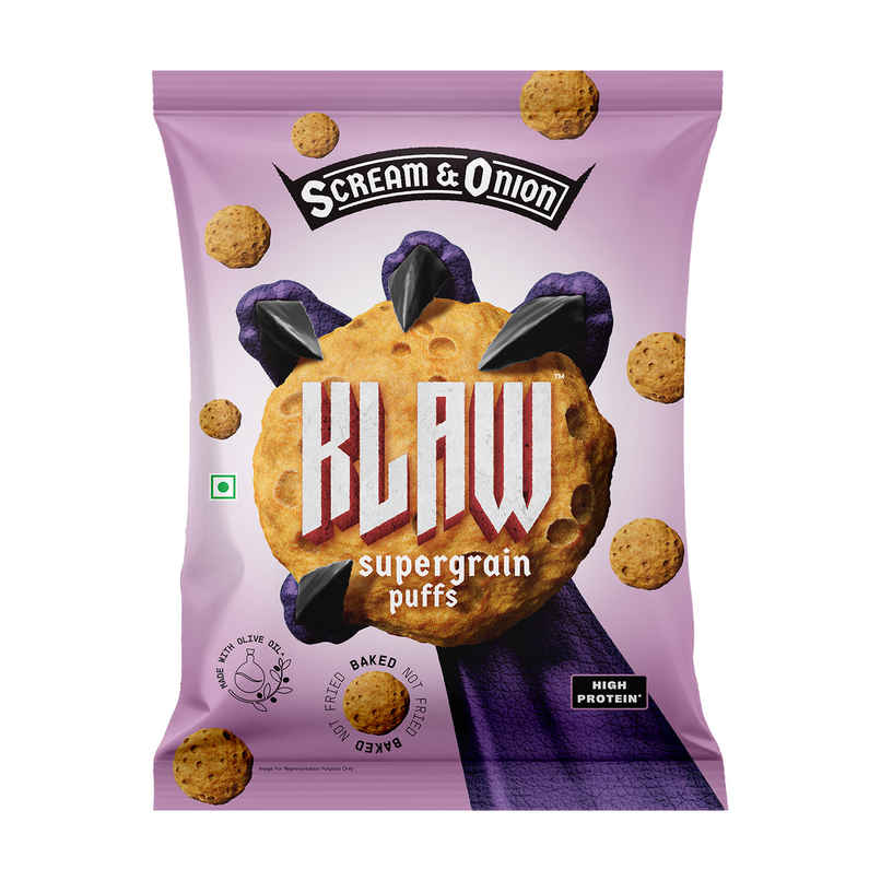 Klaw Scream & Onion Supergrain Puffs | Baked Not Fried | High Protein | Made With Olive Oil Klaw Scream & Onion Supergrain Puffs | Baked Not Fried | High Protein | Made With Olive Oil