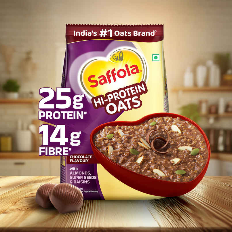 Saffola 25g High Protein Oats | 14g Fibre | No Refined Sugar | Chocolate Flavour Saffola 25g High Protein Oats | 14g Fibre | No Refined Sugar | Chocolate Flavour