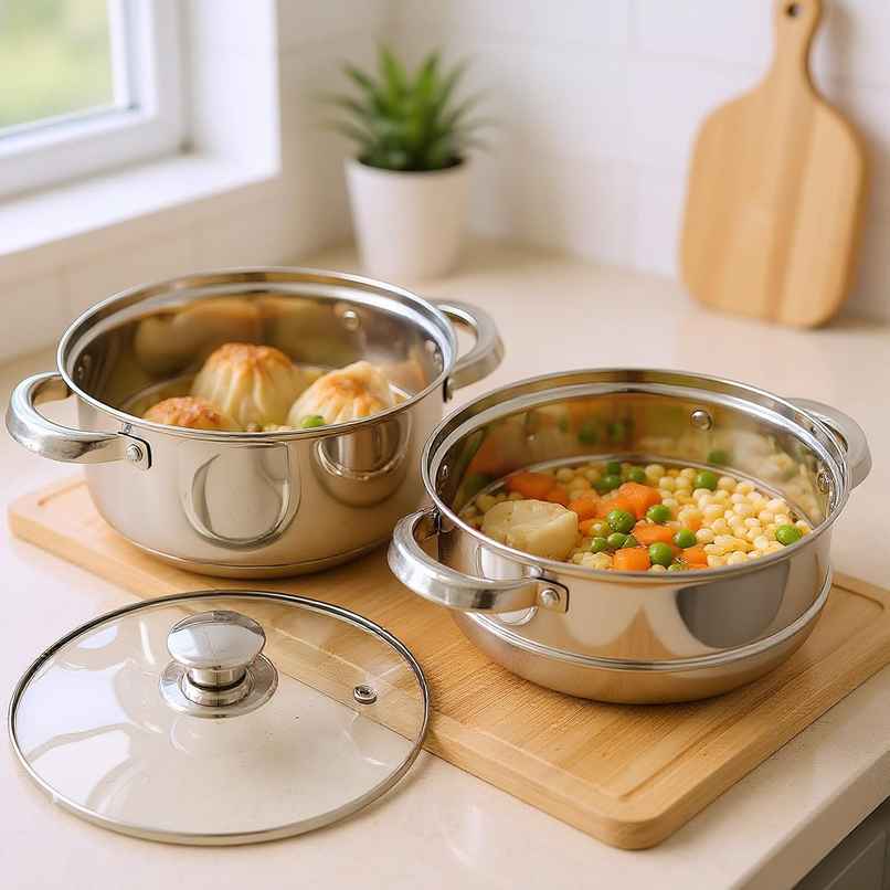 Jensons Stainless Steel Steamer with Glass Lid | Induction Base | Modak, Momo Maker | 2L | Silver