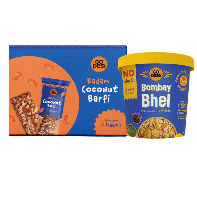 Badam Coconut Barfi, 8 Pcs | Burfi | Sweets | By GO DESi (96g) & GO DESi Bombay Bhelpuri With Chutney, No Palm Oil (100g) Combo Badam Coconut Barfi, 8 Pcs | Burfi | Sweets | By GO DESi (96g) & GO DESi Bombay Bhelpuri With Chutney, No Palm Oil (100g) Combo
