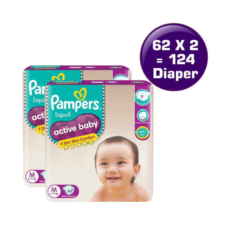 Pampers Active Baby Diaper (Taped, M , 6 - 11 kg) 62 pc Combo