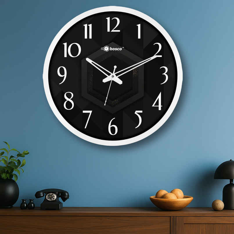 Bosco Decorative Silent Black Dial with White Frame 30 CM Wall Clock BWC 1813 Bosco Decorative Silent Black Dial with White Frame 30 CM Wall Clock BWC 1813