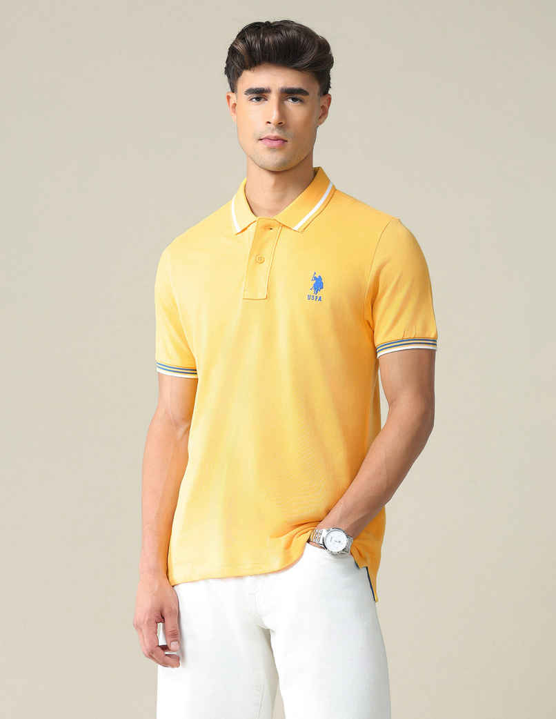 USPA Striped Collar Pique Cotton Polo T Shirt For Men - Mustard - L USPA Striped Collar Pique Cotton Polo T Shirt For Men - Mustard - L