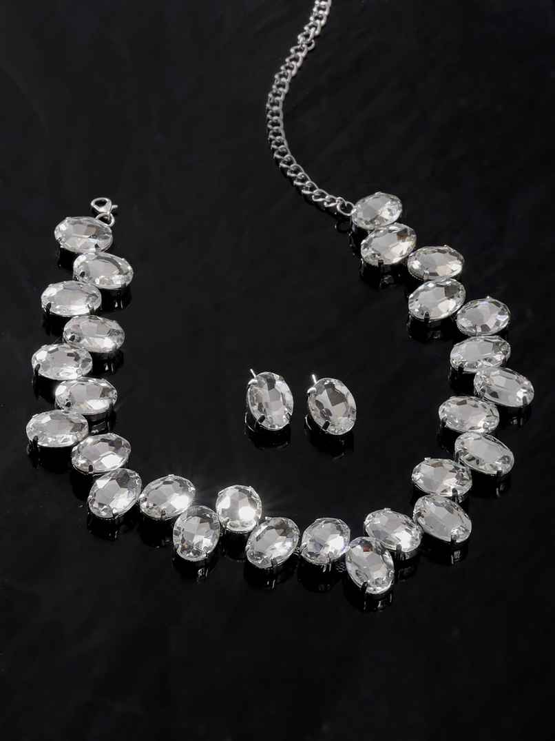 Yellow Chimes Silver Stone Necklace Set for Women | A5 Crystal Rhodium Plated Jewellery