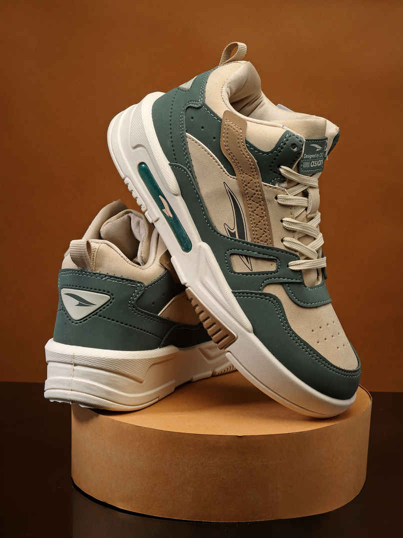 Asian Men's Mexico-11 Beige Leaf Green High Top Sneakers UK-10 Asian Men's Mexico-11 Beige Leaf Green High Top Sneakers UK-10