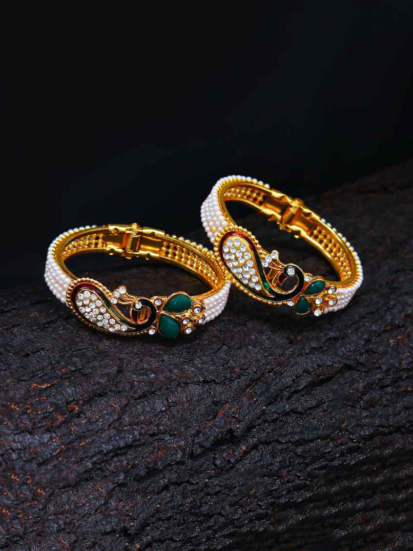 Sukkhi Glittery Pearl Gold Plated Peacock Meenakari Austrian Diamond Kada Combo For Women