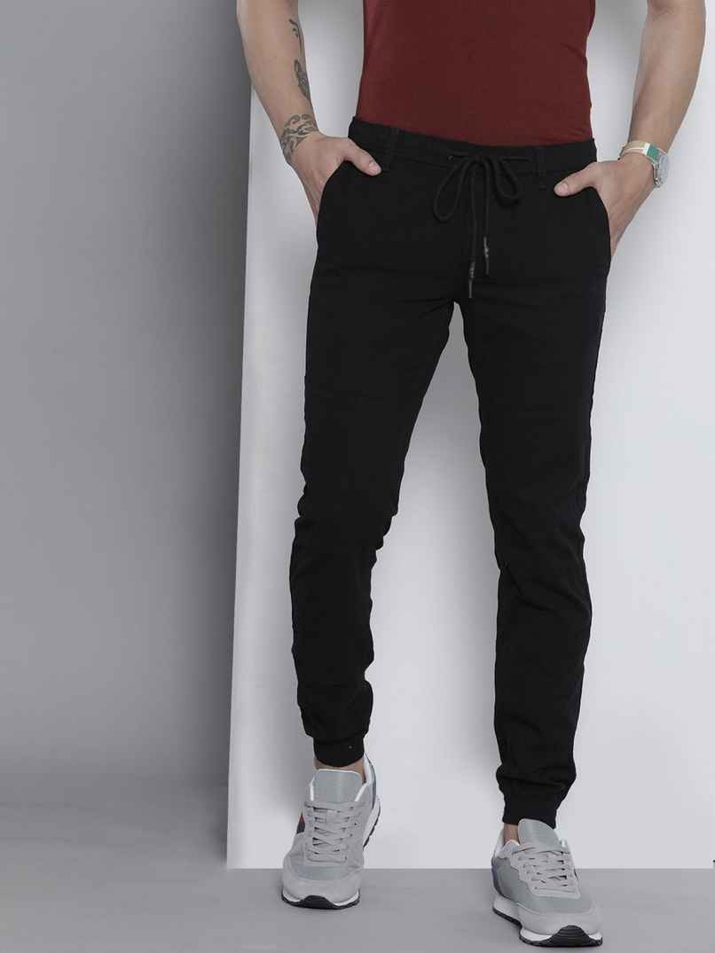 The Indian Garage Co Men's Slim Fit Solid Casual Joggers | Black - 30 The Indian Garage Co Men's Slim Fit Solid Casual Joggers | Black - 30