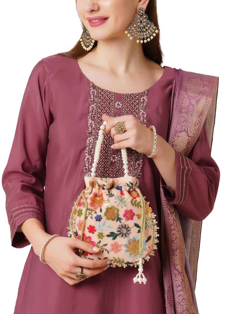 Lavie Women's Jiya Floral Embroidered Potli | Small | Light Pink