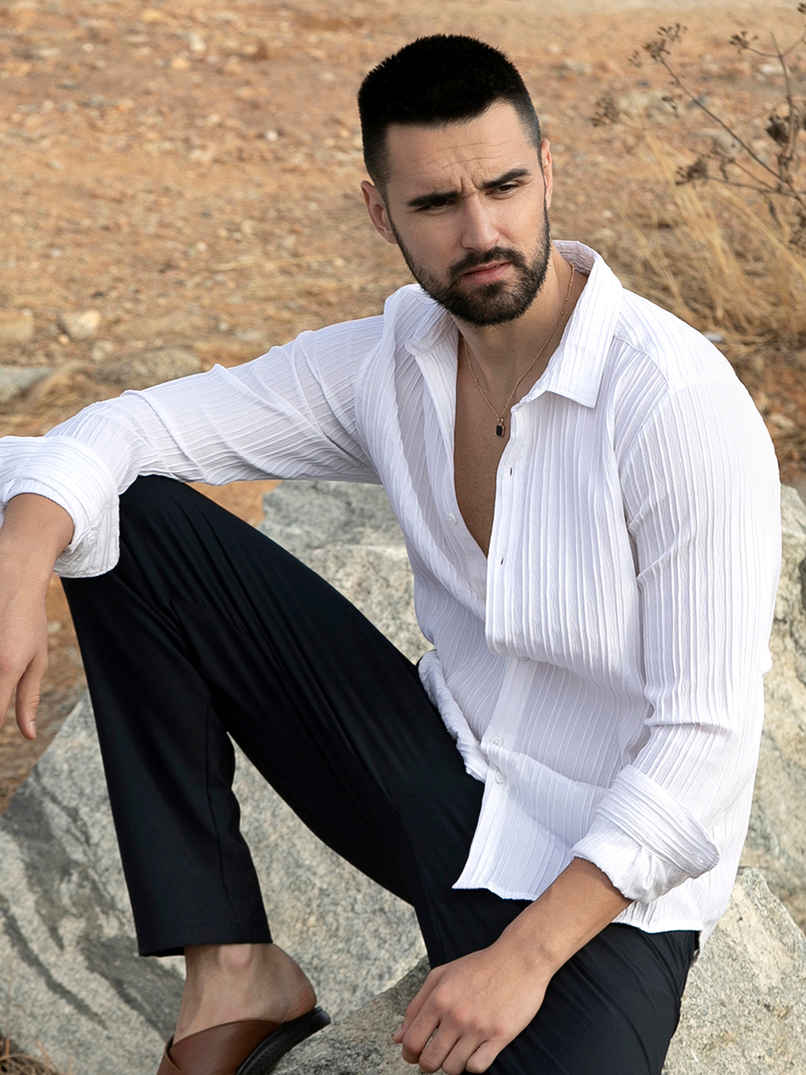 Campus Sutra Men's Self - Design Striped Shirt | White - L Campus Sutra Men's Self - Design Striped Shirt | White - L