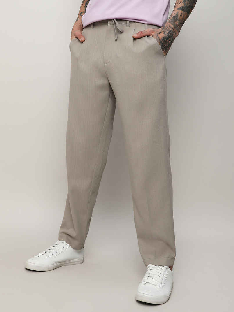 Campus Sutra Men's Solid Tailored Trousers | Grey Beige - 32
