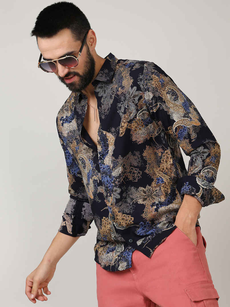 Campus Sutra Men's Paisley Flora Shirt | Royal Blue & Midnight Black - M