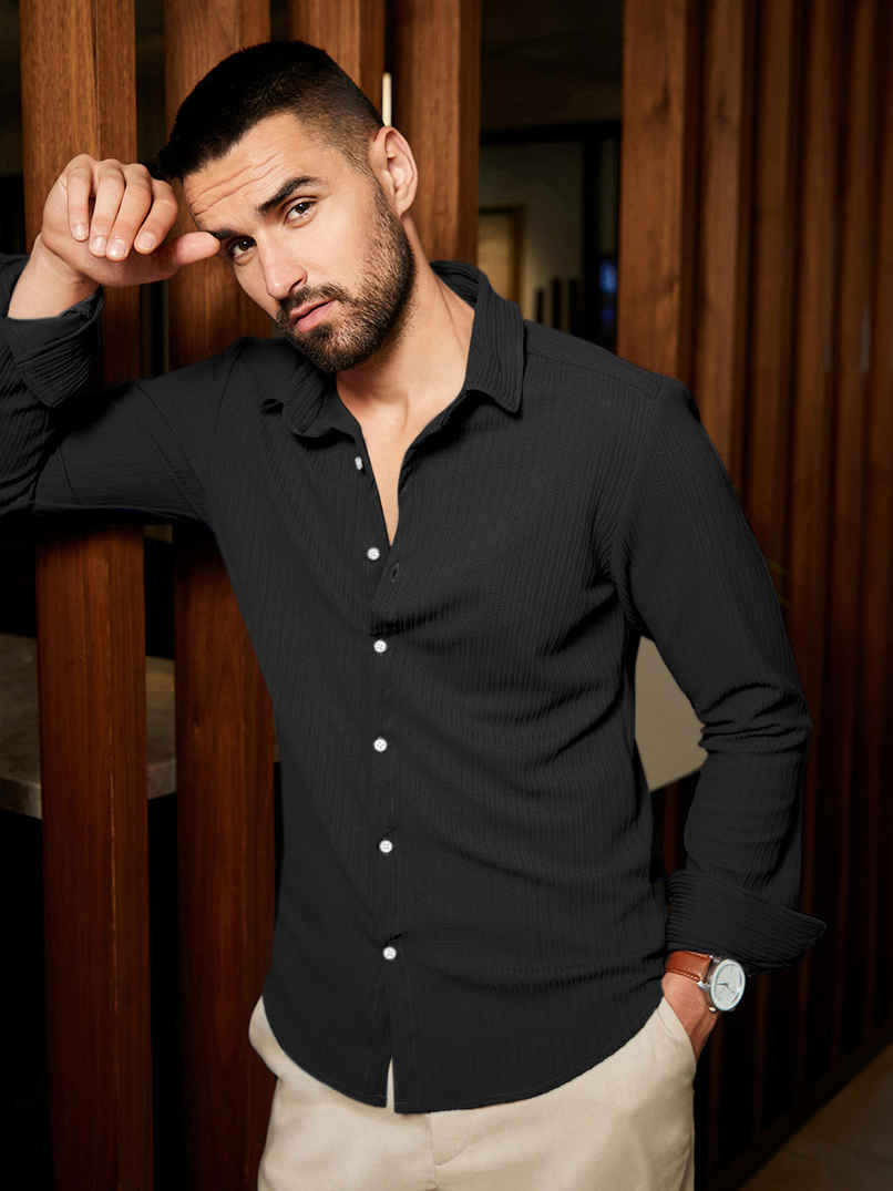 Campus Sutra Men's Stripe - Creased Shirt | Black - XL