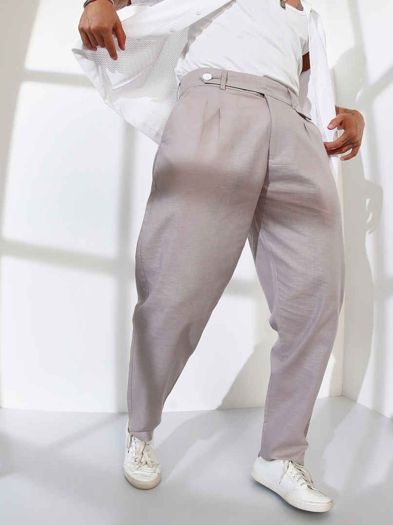 Campus Sutra Men's Tailored Linen-Blend Trousers | Grey - 30