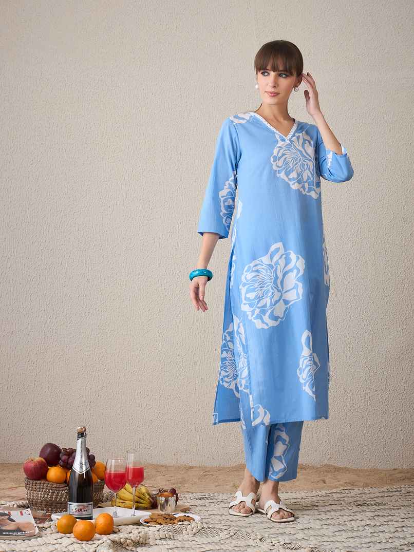 Indo Era Women's Pure Cotton Floral Printed Kurta & Pant Set | Blue - S Indo Era Women's Pure Cotton Floral Printed Kurta & Pant Set | Blue - S