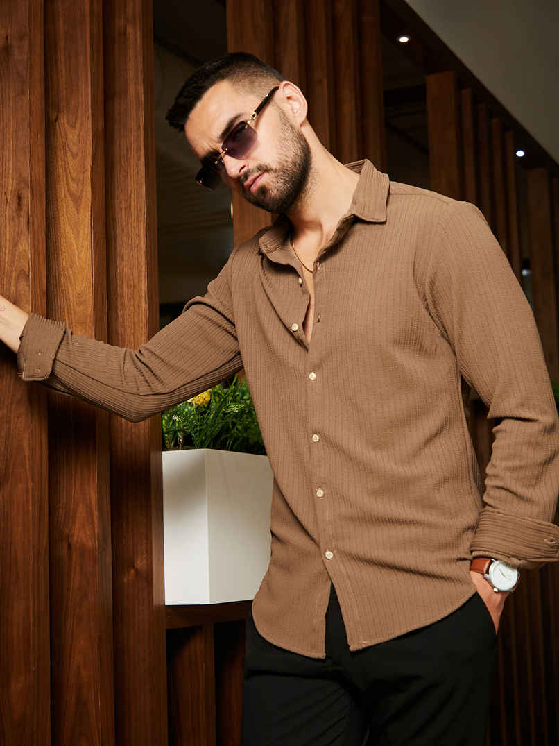 Campus Sutra Men's Polyester Stripe-Creased Shirt | Brown | M Campus Sutra Men's Polyester Stripe-Creased Shirt | Brown | M