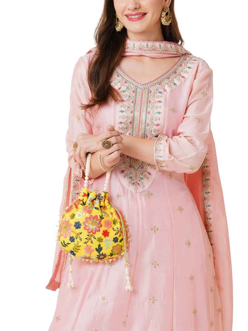 Lavie Women's Jiya Floral Embroidered Potli | Small | Ocher