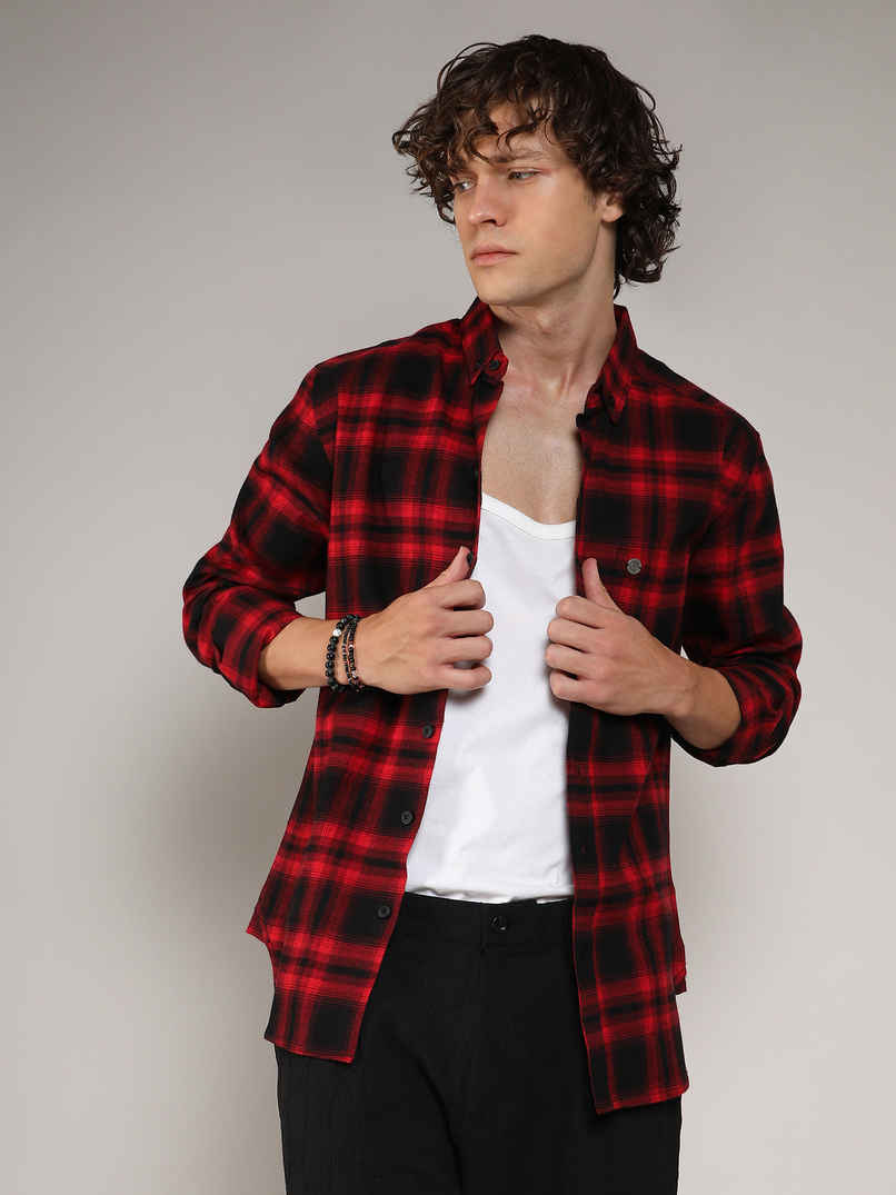 Campus Sutra Men's Brushed Buffalo Check Shirt | Midnight Black & Scarlet Red - XL Campus Sutra Men's Brushed Buffalo Check Shirt | Midnight Black & Scarlet Red - XL