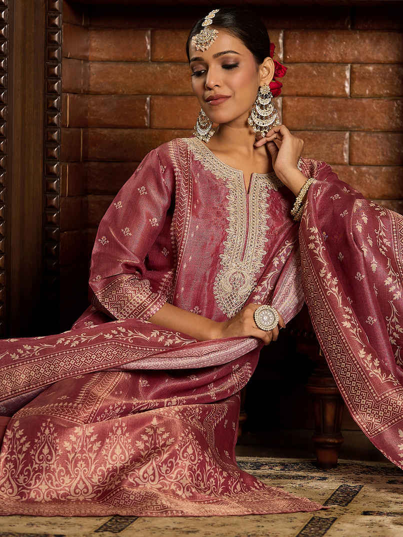 INDO ERA Women's Straight Kurta Pant with Dupatta Set | Pink | L INDO ERA Women's Straight Kurta Pant with Dupatta Set | Pink | L