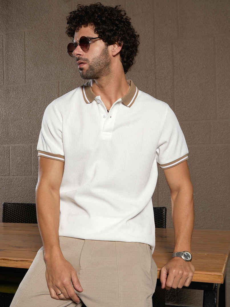 Campus Sutra Men's Cuboid-Stripe Polo T-Shirt | Cream White - S Campus Sutra Men's Cuboid-Stripe Polo T-Shirt | Cream White - S