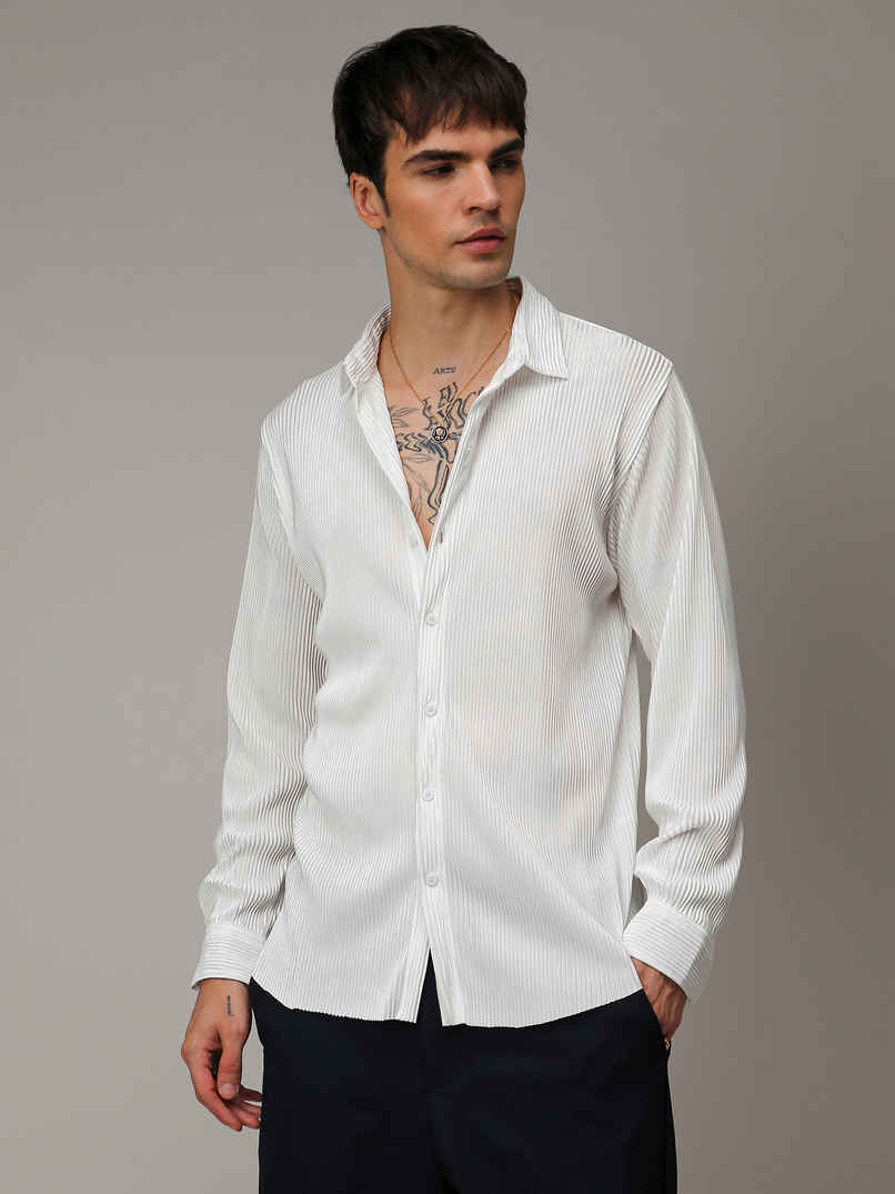 Campus Sutra Men's Pleat - Creased Shirt | White - L