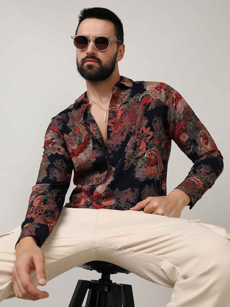 Campus Sutra Men's Paisley Flora Shirt | Crimson Red & Midnight Black - M Campus Sutra Men's Paisley Flora Shirt | Crimson Red & Midnight Black - M