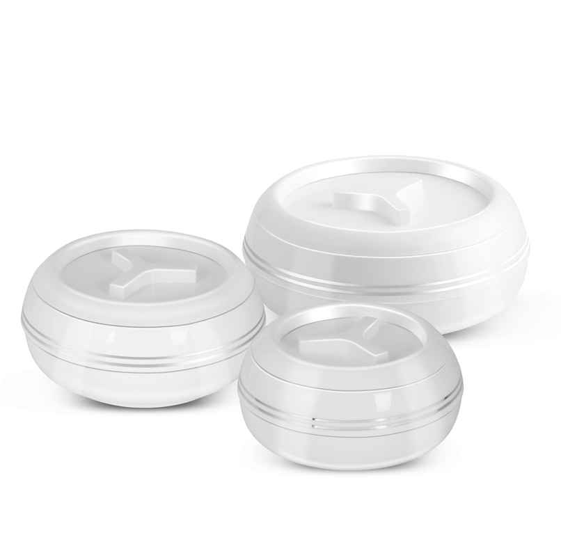 Jaypee Teen Bhoj Set of 3 Casseroles, Inner Stainless Steel, 600ml , 800ml & 1200ml | White