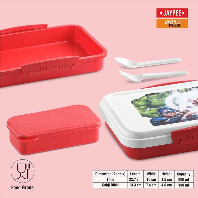 Jaypee Plus Dream Box Airtight Plastic Lunch Box Avengers Printed for School Kids | Red | 680ml Jaypee Plus Dream Box Airtight Plastic Lunch Box Avengers Printed for School Kids | Red | 680ml