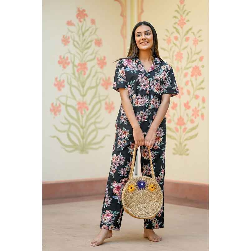 Sanskrutihomes Women Black Pure Cotton Floral Print Pyjama | Set S