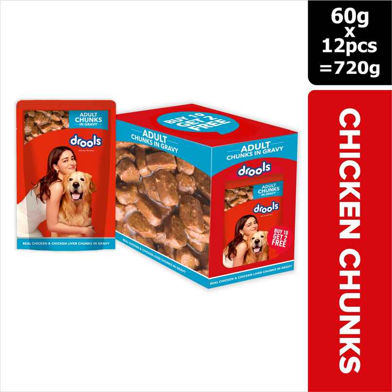 Drools Adult Wet Dog Food Chicken And Chicken Liver Chunks In Gravy (10 + 2 Pouches Free)