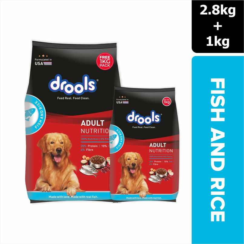 Drools Fish and Rice Adult Dry Dog Food 2.8 kg with Free 1 kg