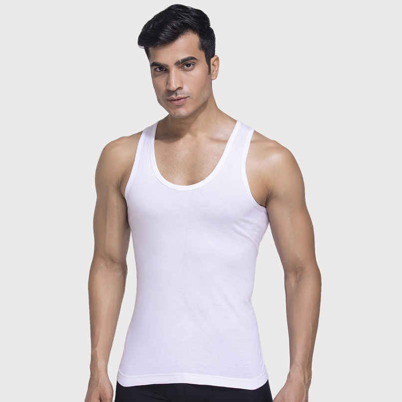 John Players Men's Classic Ribbed Cotton Vest | (JVT002M18) | White - S