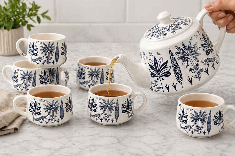 Saffron Botanical Black & White Printed Ceramic Tea Kettle Milk Pot & Cup Set Saffron Botanical Black & White Printed Ceramic Tea Kettle Milk Pot & Cup Set