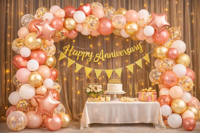 Happy Anniversary Decoration Kit with Banner, Balloons, LED Lights & Net Curtain | BeyondLuv Happy Anniversary Decoration Kit with Banner, Balloons, LED Lights & Net Curtain | BeyondLuv