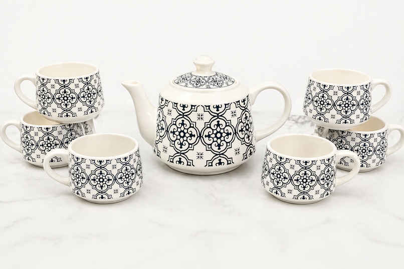 Saffron Classic Mosaic Printed Ceramic Tea Kettle Milk Pot & Cup Set Saffron Classic Mosaic Printed Ceramic Tea Kettle Milk Pot & Cup Set