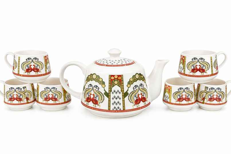 Saffron Peacock Royale Printed Ceramic Tea Kettle Milk Pot & Cup Set Saffron Peacock Royale Printed Ceramic Tea Kettle Milk Pot & Cup Set