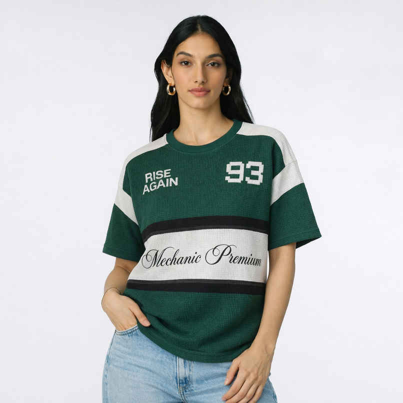 Try This Women's HF Sleeve Block Print Round Neck Tshirt | Green & White | L