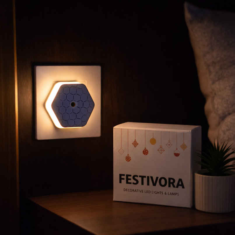 Festivora Hexagon Shaped Automatic On/Off Sensor Smart LED Night Bulb |Warm White Color Festivora Hexagon Shaped Automatic On/Off Sensor Smart LED Night Bulb |Warm White Color