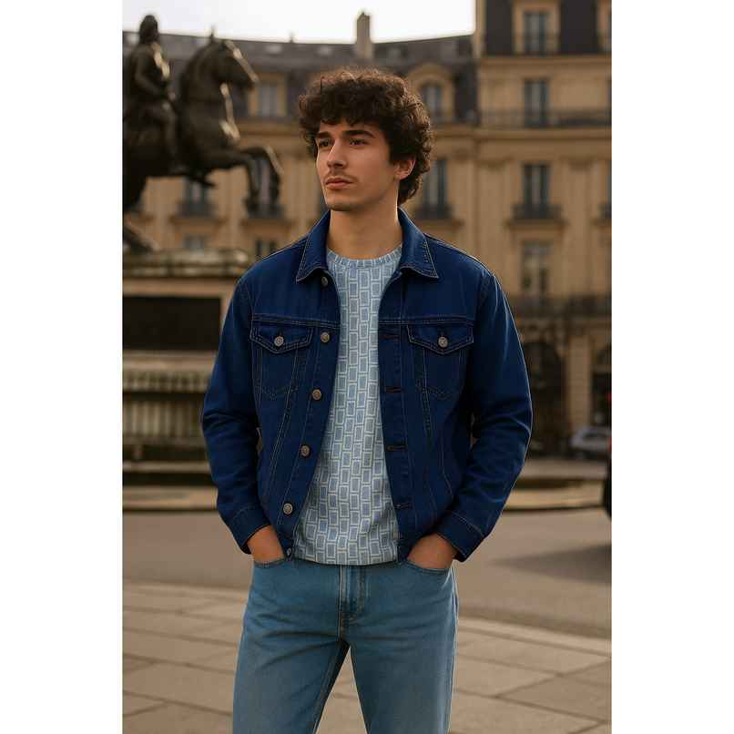 Ftx Men's Solid Regular Fit Full Sleeve Denim Jacket | Dark Blue - M