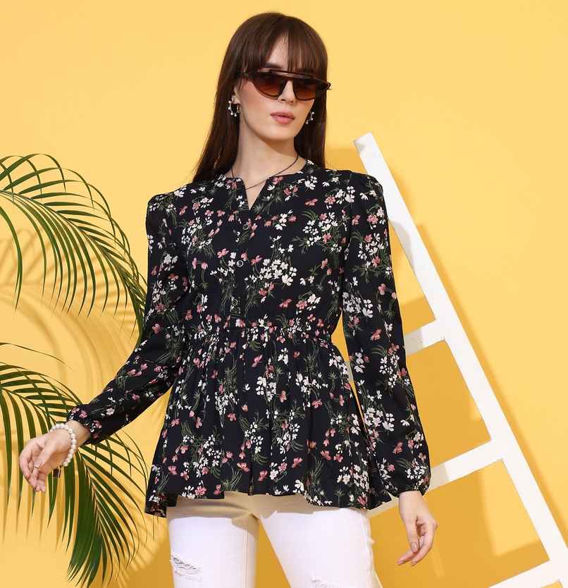 Sheetal Women's Floral Printed Mandarin Collar Top | 5201 | Black - XL Sheetal Women's Floral Printed Mandarin Collar Top | 5201 | Black - XL